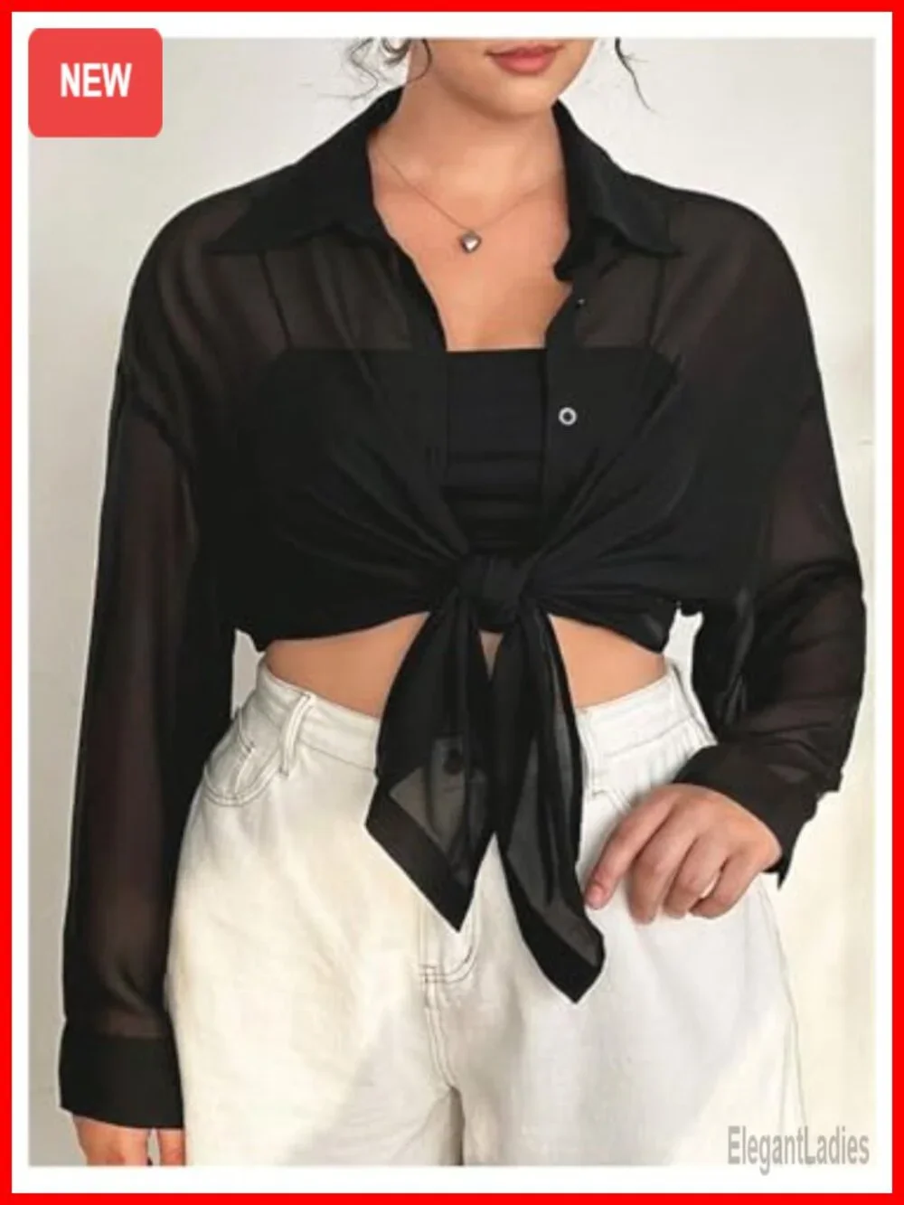 Plus Size Mesh See Through Long Sleeve Button Down Blouse Top
